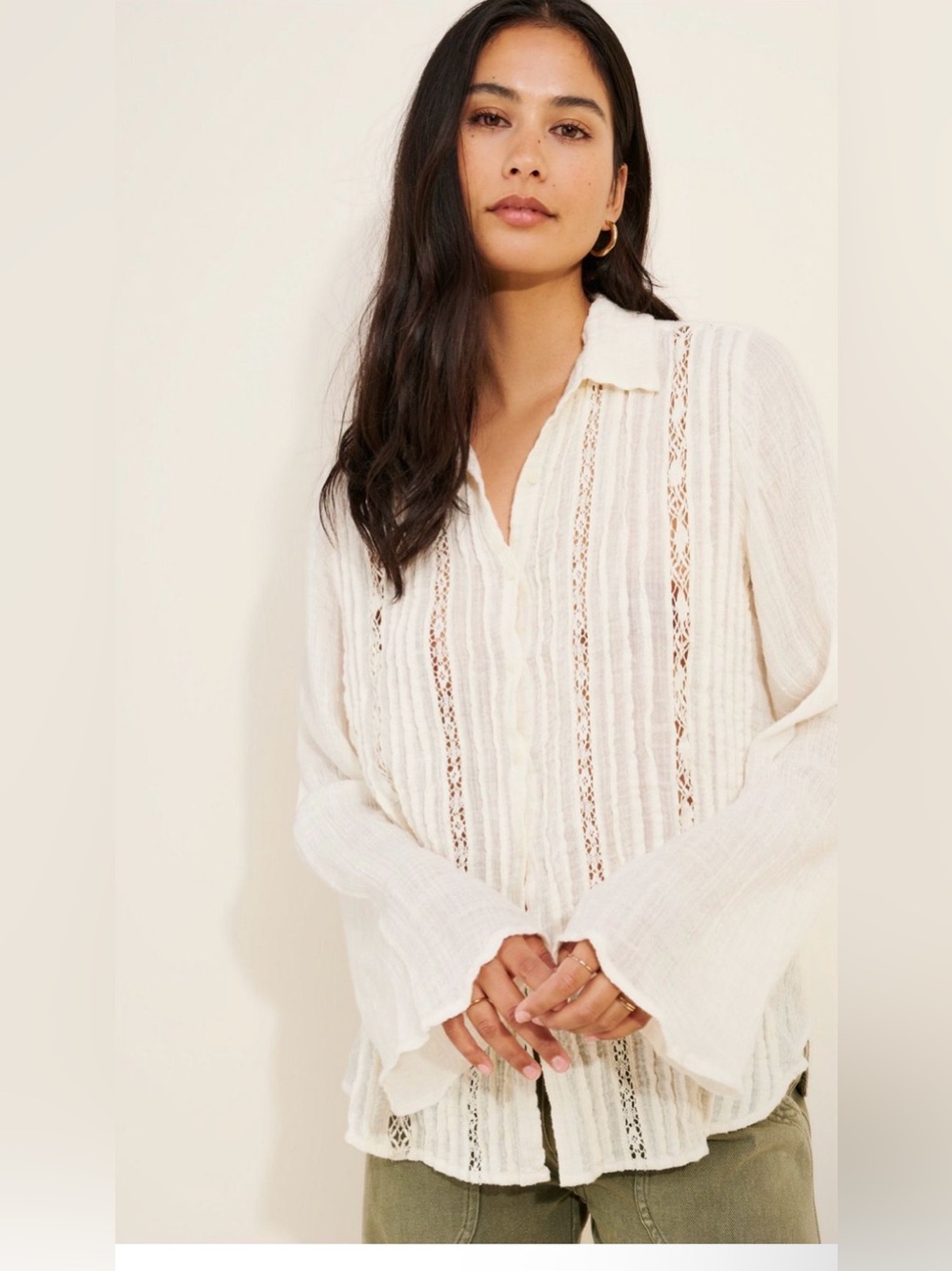 Free people, Women's Cream Lace-Trim Button Front Top